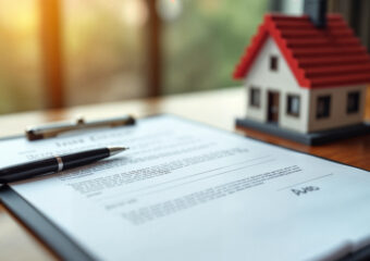 An image of a rental agreement with a pen on top of it and a mini house figure in the background.